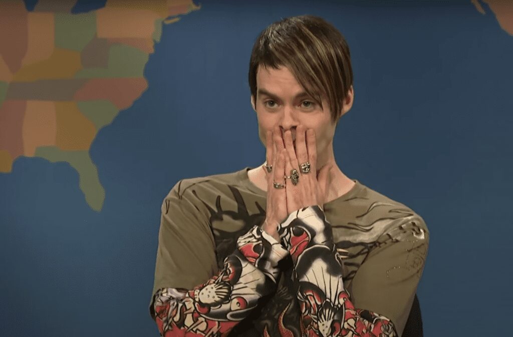 This is a screenshot of Saturday Night Live's Weekend Update segment featuring Stefon, a Bill Hader character. 